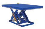 The Vestil Electric Hydraulic Lift Table 4K 48X72 includes a blue scissor lift platform with a 48x72 rectangular top and robust base. Featuring a yellow safety lock and visible hydraulic parts, its ideal for lifting heavy loads in industrial settings against a plain white background.