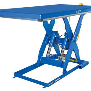 The Vestil Electric Hydraulic Lift Table 4K 48X96, displayed on a white background, features a blue hue, sturdy metal frame, powerful hydraulic cylinders, a rectangular top platform, and visible electrical connections—an exemplar of precision engineering.