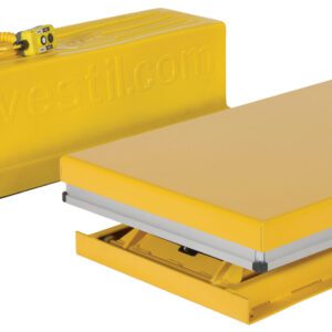 A Vestil Work Station Scissor Lift 1.5K 24 X 36 in yellow features a flat platform, a connected power unit with a coiled yellow cable, and has a capacity of 1500 lbs.