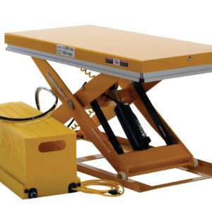 The Vestil Work Station Scissor Lift 1.5K 24 X 48 features a durable yellow hydraulic scissor lift table and is ideal for efficiently lifting and transporting items up to 1.5K, with a control cable-connected power unit.