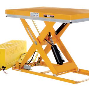The Vestil Work Station Scissor Lift 1.5K 32 X 48, with its yellow-painted rectangular platform and external control box, is designed to effortlessly elevate heavy items up to 1500 lbs.