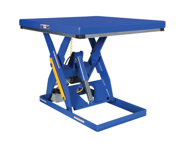 The Vestil Lift Table - Foot Control 48In X 48In has a blue hydraulic scissor design and a flat top, with a metal frame and hydraulic components perfect for lifting heavy objects, boasting mechanical mechanisms and a robust base for reliable support.