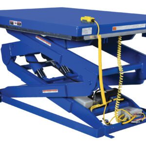 The Vestil Double Leg Scissor Lift Table 2K features a blue rectangular platform with 48 X 48 dimensions, a coiled yellow control cable, and multiple warning labels, designed for efficient raising and lowering of heavy loads.