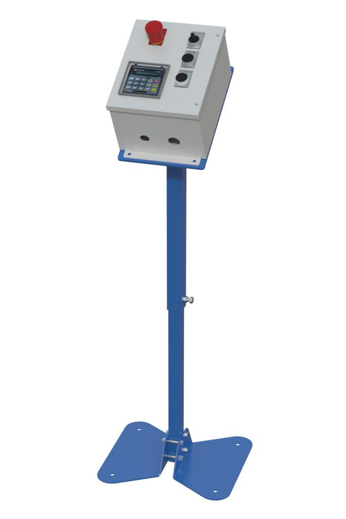 The Vestil Set features a control panel on a tall blue stand with buttons, switches, and a keypad, including a prominent red emergency stop button for safety. Its stable base offers programmable height adjustment with the 24V-Ehltd system.