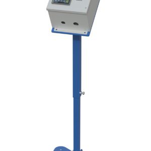 The Vestil Set features a control panel on a tall blue stand with buttons, switches, and a keypad, including a prominent red emergency stop button for safety. Its stable base offers programmable height adjustment with the 24V-Ehltd system.