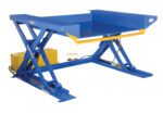 The Vestil Ground Lift Scissor Table 4K 38 x 51.5 features a blue platform with yellow control box, hydraulic legs for lifting heavy items, and sits stably on flat surfaces with visible cords and controls.