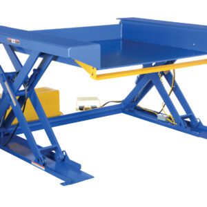 The Vestil Ground Lift Scissor Table 4K 44 X 73 features a sturdy blue metal frame, making it ideal for industrial use. Its wide platform efficiently lifts heavy items, and it includes a yellow control box and cables on a white background, perfect for warehouse environments.