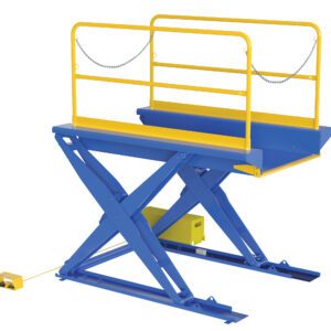 The blue and yellow Vestil Ground Lift Scissor Table 3K 44X84 is an efficient material handling marvel, featuring safety railings, a chain on top, and a yellow control box at the base for reliable operation.