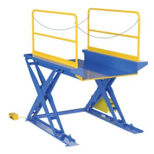 The Vestil Ground Lift Scissor Table 3K 52X84, in blue and yellow with railings and a safety chain, is ideal for elevating items or people. It includes an easy-to-use foot pedal and can be seen in a fully extended position.
