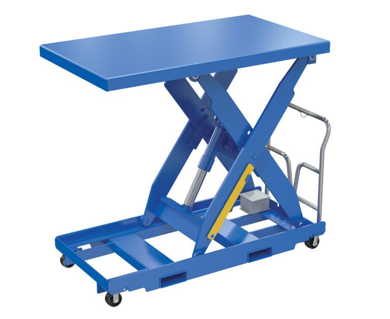 The Vestil Lift Table, model 30X641000#, is a blue portable hydraulic lift with a rectangular platform and scissor mechanism, designed for 115V 1Ph power. It features a metal handle and wheels for easy mobility, ideal for lifting heavy items.