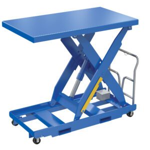 The Vestil Lift Table Portable 230V 3Ph 48X48 2000# is equipped with caster wheels, a hydraulic mechanism, and a foot pedal for easy operation. Its durable design makes it ideal for lifting up to 2000 pounds.