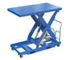The Vestil Lift Table Portable 115V 1Ph 48X64 1000# is blue, has a scissor mechanism with a flat rectangular platform, a yellow foot pedal, and a silver side handle for versatile use.