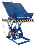 The Vestil Lift & End Tilt Scissor Table 3K 36X48 is a blue industrial scissor lift table with a closed top, highlighted by yellow and black safety stripes along its edges and an attached yellow coiled cable for enhanced functionality.