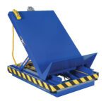The Vestil Lift & End Tilt Scissor Table 4K 36X48 in blue has a sturdy industrial design with a safety-striped base and yellow control pendant, perfect for lifting and tilting heavy objects.