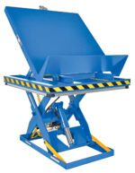 Pictured is the Vestil Lift & End Tilt Scissor Table 2K 48X48, showcasing a blue hydraulic lift with yellow and black striped edges, a tilting platform, durable hydraulic components, and a sturdy metal frame for excellent functionality.