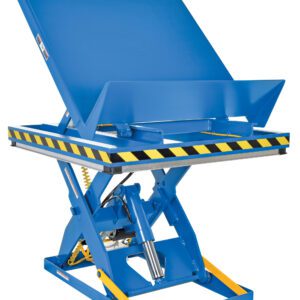 Pictured is the Vestil Lift & End Tilt Scissor Table 2K 48X48, showcasing a blue hydraulic lift with yellow and black striped edges, a tilting platform, durable hydraulic components, and a sturdy metal frame for excellent functionality.