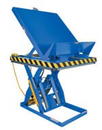 The blue Vestil Lift & End Tilt Scissor Table 4K 48X48 has a tilted top and features yellow and black safety stripes. It includes a sturdy base with advanced hydraulics and a control cable for precise handling.