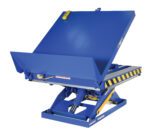 Introducing the Vestil Lift & Hinge Tilt Scissor Table 2K 36X48: a blue hydraulic lift featuring a tilted platform for industrial use, enhanced with black and yellow edge markings, set against a white backdrop for safety.