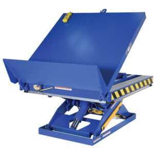 Introducing the Vestil Lift & Hinge Tilt Scissor Table 2K 36X48: a blue hydraulic lift featuring a tilted platform for industrial use, enhanced with black and yellow edge markings, set against a white backdrop for safety.