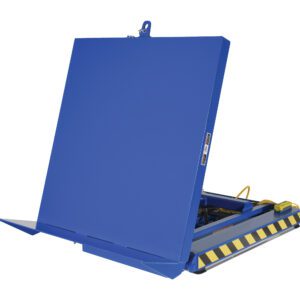 The Vestil Lift & Hinge Tilt Scissor Table 2K 48X49 is a blue industrial model featuring hydraulic components and black and yellow safety markings. Its platform tilts, enhancing its function and safety as a loading=