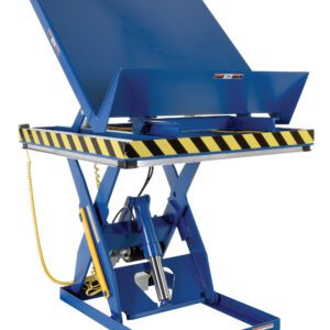 The Vestil Lift & Side Link Tilt Scissor Table 4K features a blue hydraulic design, yellow and black safety stripes, a raised platform, and a unique yellow coiled cable.