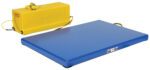 A blue industrial platform scale, like the Vestil Low Profile Electric Lift Table 53X36, features a yellow control box with buttons and vestil.com embossed on it. The attached cable makes this scale ideal for heavy-duty weighing tasks.