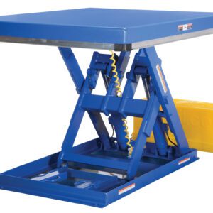 The Vestil Low Profile Electric Lift Table 60X60 showcases a blue rectangular platform enhanced by a scissor mechanism, with a yellow control box on the side, presented elegantly in a raised position against a white background.