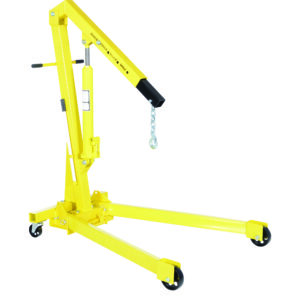 The Vestil Engine Hoist Folding Legs 2K Capacity in yellow includes a black hook and chain for heavy-duty lifting. Its folding legs with wheels provide mobility, and the adjustable arm offers versatility, making it ideal for robust lifting tasks.
