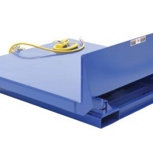 A blue loading dock leveler, similar to the Vestil Sliding Tilt Table with a 4K lb capacity and 48x47.75 dimensions, features a yellow cable on top, effectively bridging gaps between docks and vehicles for smooth cargo handling.