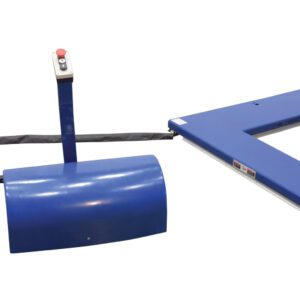 A blue, U-shaped Vestil floor scale with an attached control panel, linked by a black cable and featuring buttons including a red emergency stop. Ideal for loading and weighing large items alongside the Vestil U Type Electric Lift Table 2K Capacity.