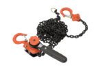 The Vestil Mighty Mini Lever Hoist 0.5K Cap 10 Ft boasts a durable black chain, safety-latched orange hooks, and a sleek black handle, making it ideal for lifting and pulling heavy loads with its reliable, compact design.