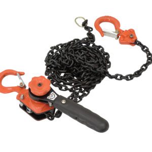 The Vestil Mighty Mini Lever Hoist 0.5K Cap 10 Ft boasts a durable black chain, safety-latched orange hooks, and a sleek black handle, making it ideal for lifting and pulling heavy loads with its reliable, compact design.