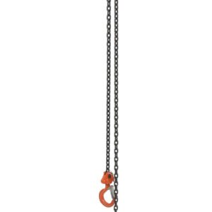 The Vestil Mighty Mini Lever Hoist 0.5K Cap 20 Ft features a bold red and black finish, includes a top hook and a 20 ft chain with a bottom hook, partially coiled for easy handling.