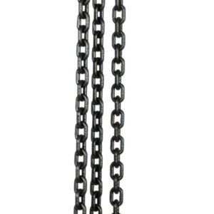 The Vestil Economy Lever Hoist 12K Capacity 10 Ft, with its orange and black design, features a durable chain and solid metal build. Perfect for lifting heavy items, it includes a reliable lever and hook for smooth operation.