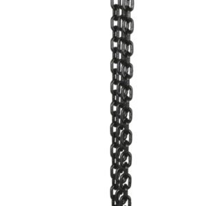 An image shows a vertical orientation of the Vestil Economy Lever Hoist, 12K Capacity, 20 Ft. It is orange with a long black chain, featuring both a top and bottom hook and extra chain collected on the ground.