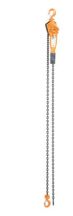 The Vestil Economy Lever Hoist 1.5K Capacity 10 Ft features an orange frame with hooks at both ends, ideal for lifting heavy objects with its long black chain, shown fully extended against a white background.