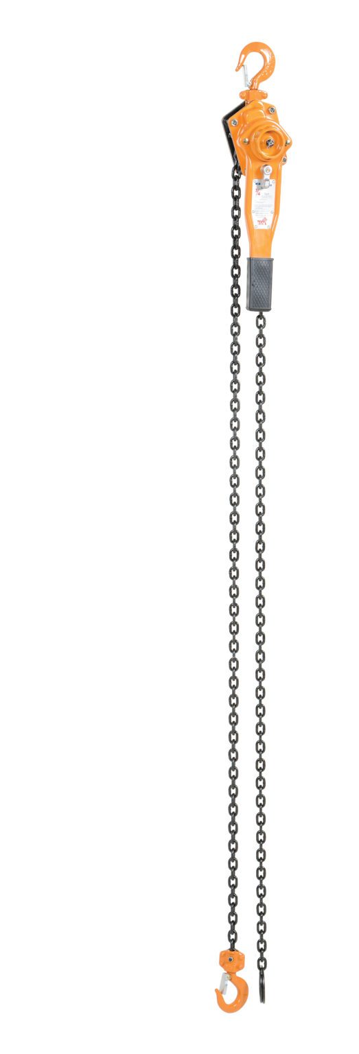 The Vestil Economy Lever Hoist 1.5K Capacity 10 Ft features an orange frame with hooks at both ends, ideal for lifting heavy objects with its long black chain, shown fully extended against a white background.