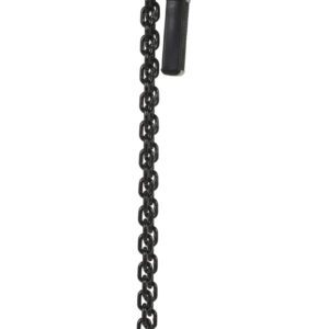 The Vestil Economy Lever Hoist 2K Capacity 5 Ft includes a manual orange chain hoist with a lever arm, two large hooks, and a vertical black chain for efficient heavy lifting.