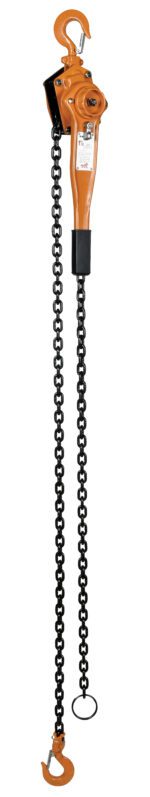 The Vestil Economy Lever Hoist features a 3K capacity and a 10 ft chain, manual top hook, attached bottom hook for lifting, an orange body with secure grip handles, and a lever for effective operation.