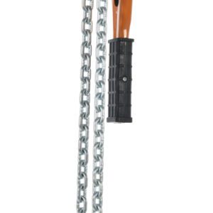 The Vestil Economy Lever Hoist 3K Capacity 20 Ft features a durable orange design, a 20 ft metal chain with hook attachment, and a black grip handle, making it perfect for lifting heavy loads reliably in demanding tasks.