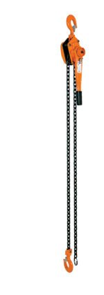 The Vestil Economy Lever Hoist 6K Capacity 10 Ft features a sleek orange design, a durable black handle, and two strong hooks on its long, dark chain.