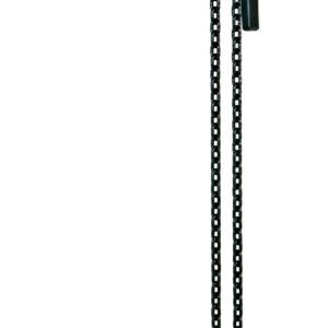 The Vestil Economy Lever Hoist 6K Capacity 10 Ft features a sleek orange design, a durable black handle, and two strong hooks on its long, dark chain.