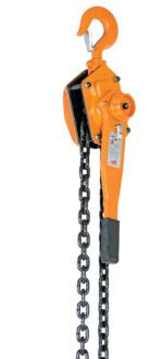 The Vestil Economy Lever Hoist, with 6K capacity and 20 ft lift, features a robust orange design with a lever handle and black chain. It has a large top hook and a label indicating its capability, making it perfect for lifting heavy objects in demanding tasks.