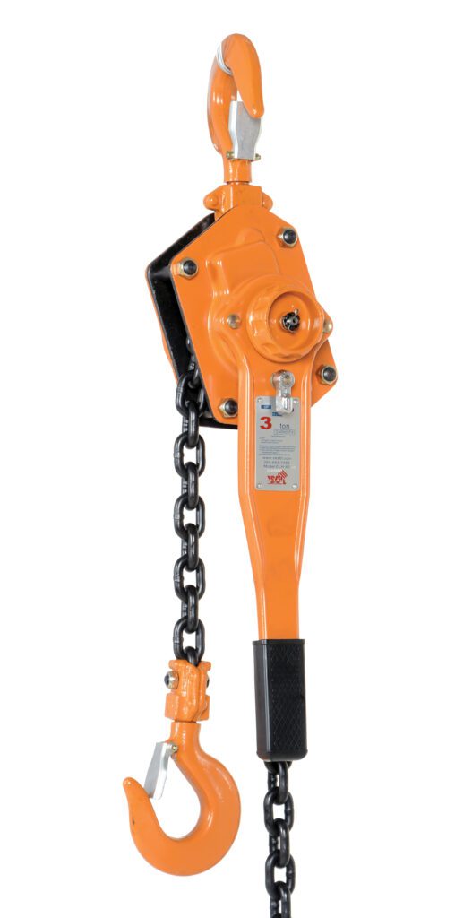 The Vestil Economy Lever Hoist 6K Capacity 5 Ft features a sturdy, angular design with chains and hooks on both ends, supporting 3-ton tasks. Its distinctive orange color and black lever grip ensure efficient and reliable lifting operations.