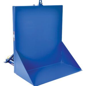 A blue dump hopper with a vertical stance, slanted sides, and flat base mirrors the Vestil Tilt Table 90 Degree 6K Lb Cap 42W X 50L. It has a visible hinge mechanism at the back for movement and a simple design with a smooth surface for efficient material disposal.