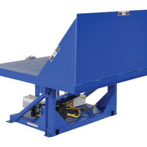 The Vestil Tilt Table 90 Degree, with a 2K lb capacity and dimensions of 48W x 48L, is a sturdy blue industrial machine featuring a raised platform and hydraulic mechanisms. It tilts to 90 degrees, ideal for lifting or positioning heavy items in manufacturing or warehouse environments.
