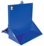 A blue steel hopper with a square base and angled sides features a hinged lid and yellow switch on its control box, echoing the robust design of the Vestil Tilt Table 90 Degree 6K Lb Cap 48W X 48L, suggesting industrial use for handling or disposal tasks.
