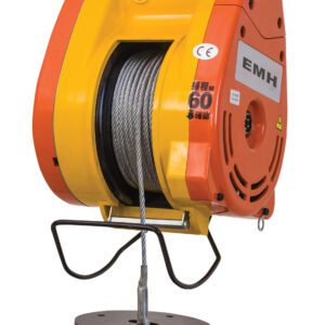 The Vestil Electric Mini Hanging Cable Hoist 300Cap, featuring yellow and orange colors, has a metal cable on a spool with a black hook. It’s labeled EMH and 60, with a top safety warning tag.