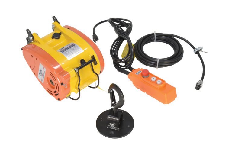 The Vestil Electric Mini Hanging Cable Hoist 500Cap is notable for its yellow design, black cable, and sturdy metal hook attached to a round base. It includes an orange control unit with three buttons, ensuring efficiency in industrial settings.