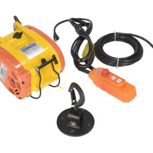 The Vestil Electric Mini Hanging Cable Hoist 500Cap is notable for its yellow design, black cable, and sturdy metal hook attached to a round base. It includes an orange control unit with three buttons, ensuring efficiency in industrial settings.